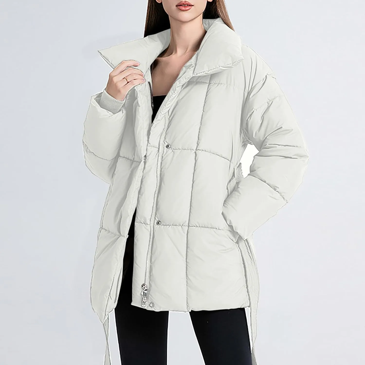 Womens Belted Puffer Jacket Shiny Down Jacket Windproof Winter Coat Quilted Insulated Jacket Padded Overcoat