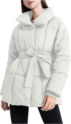 Womens Belted Puffer Jacket Shiny Down Jacket Windproof Winter Coat Quilted Insulated Jacket Padded Overcoat