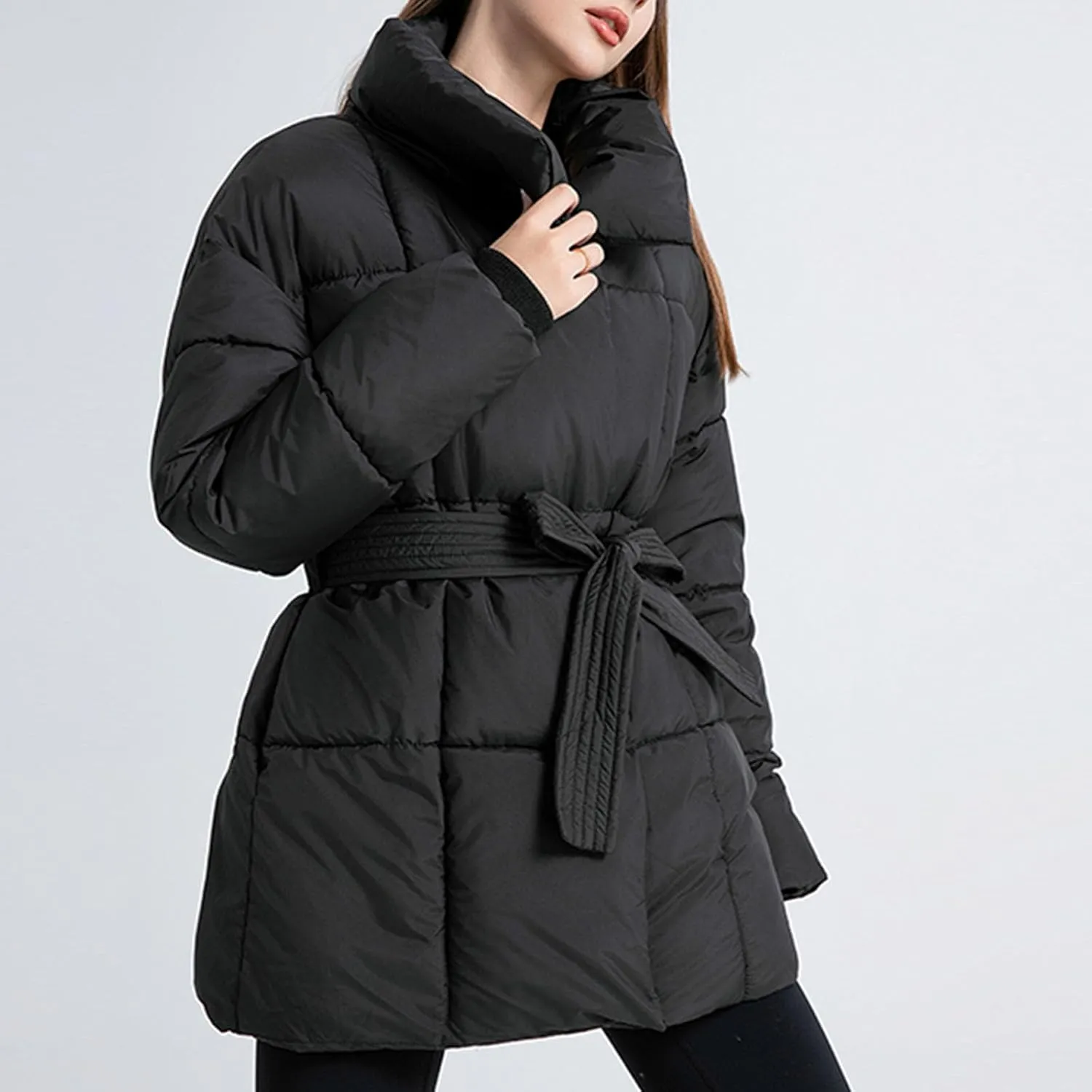 Womens Belted Puffer Jacket Shiny Down Jacket Windproof Winter Coat Quilted Insulated Jacket Padded Overcoat