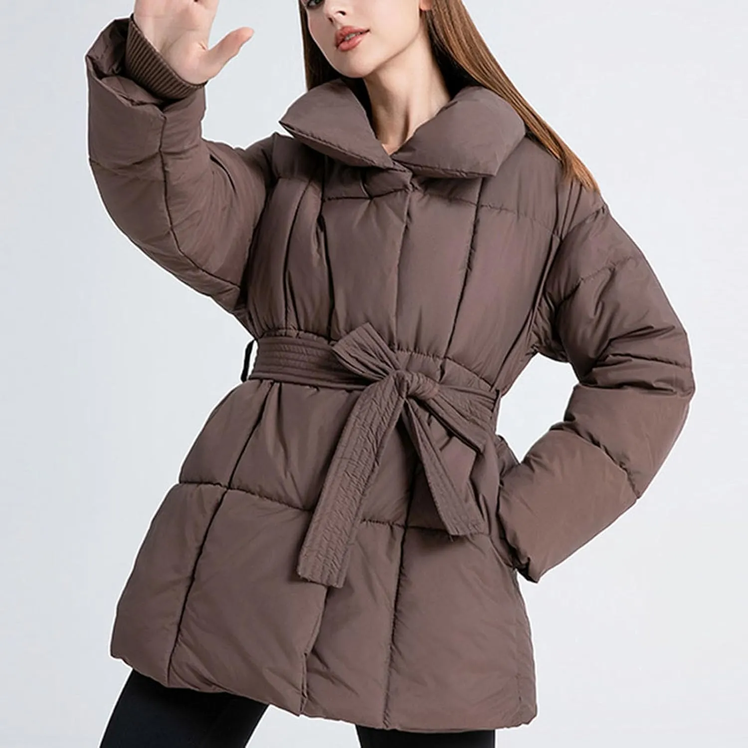 Womens Belted Puffer Jacket Shiny Down Jacket Windproof Winter Coat Quilted Insulated Jacket Padded Overcoat