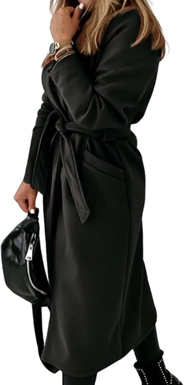 Women's Big Notch Lapel Single Breasted Mid-Long Wool Blend Coat Double Breasted Trench Coat Fall Winter Clothes