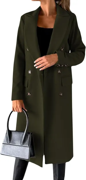 Women's Big Notch Lapel Single Breasted Mid-Long Wool Blend Coat Double Breasted Trench Coat Fall Winter Clothes