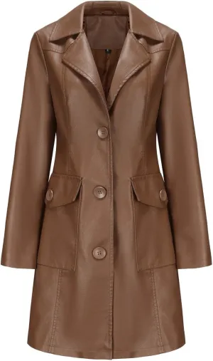 Women's Blazer Button Lapel Long Sleeve Pocket Leather Mid-Length Dressy Casual Business Comfy Stylish Work Suit