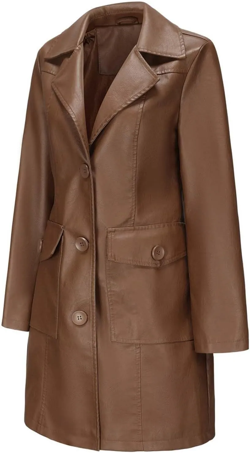 Women's Blazer Button Lapel Long Sleeve Pocket Leather Mid-Length Dressy Casual Business Comfy Stylish Work Suit