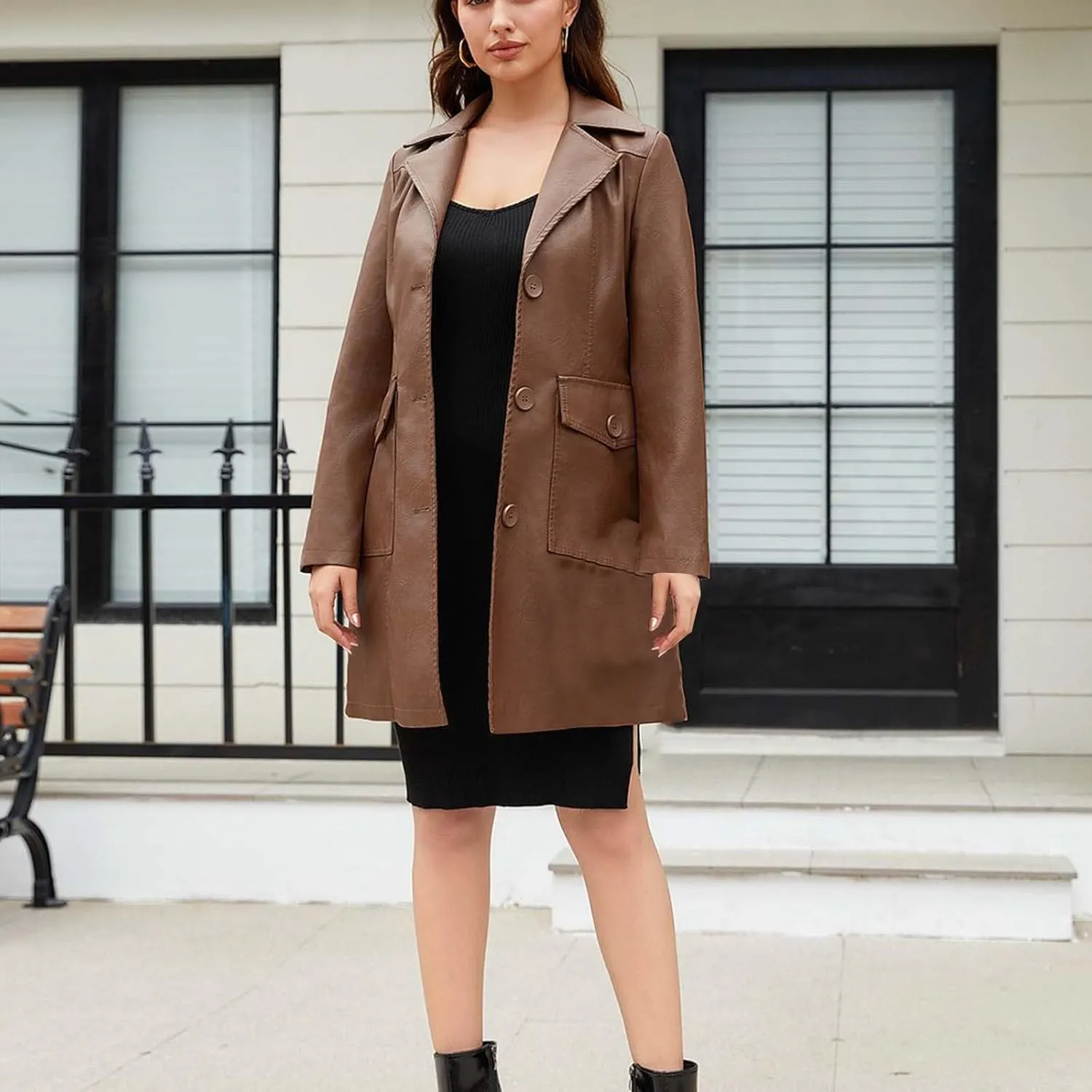 Women's Blazer Button Lapel Long Sleeve Pocket Leather Mid-Length Dressy Casual Business Comfy Stylish Work Suit