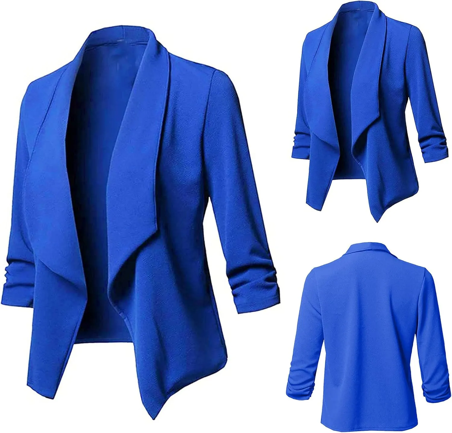 Womens Blazer Stretch 3/4 Gathered Sleeve Open Front Blazer Jackets Casual Lightweight Thin Work Office Blazers
