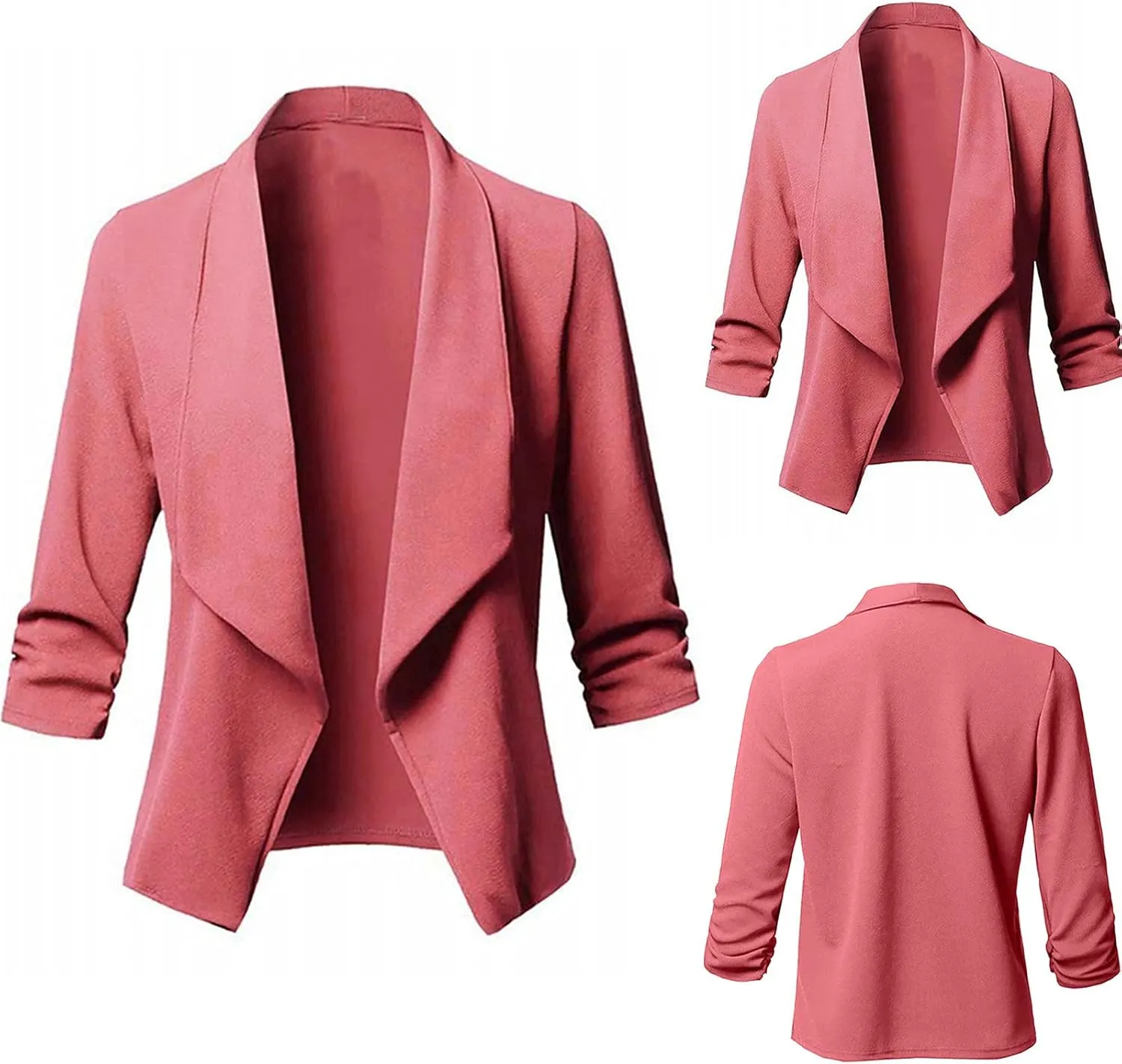 Womens Blazer Stretch 3/4 Gathered Sleeve Open Front Blazer Jackets Casual Lightweight Thin Work Office Blazers