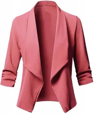 Womens Blazer Stretch 3/4 Gathered Sleeve Open Front Blazer Jackets Casual Lightweight Thin Work Office Blazers
