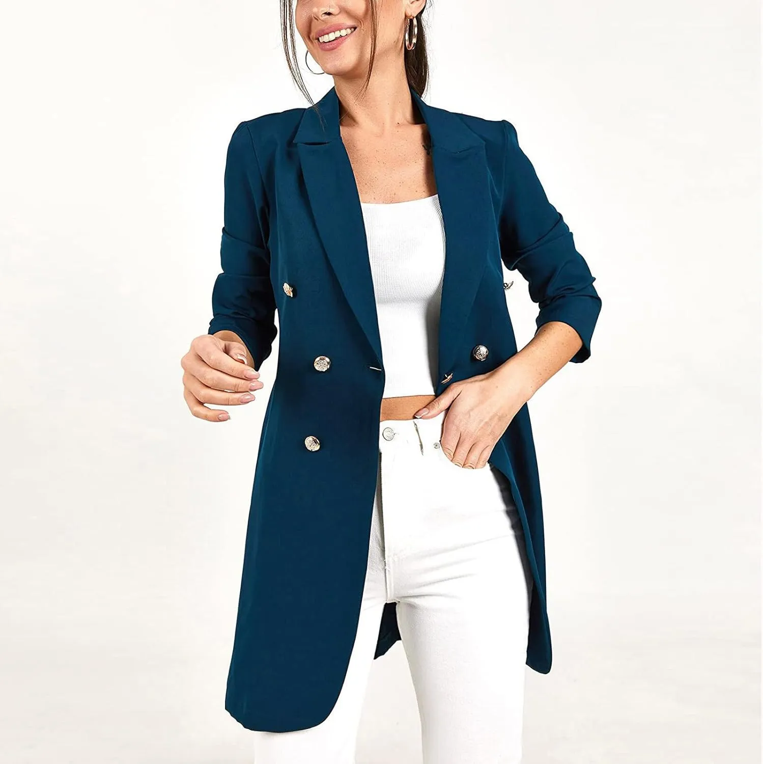 Women's Blazers Trench Coat Double Breasted Blazer Jackets Coat Fall Solid Long Sleeve Outerwear Coat