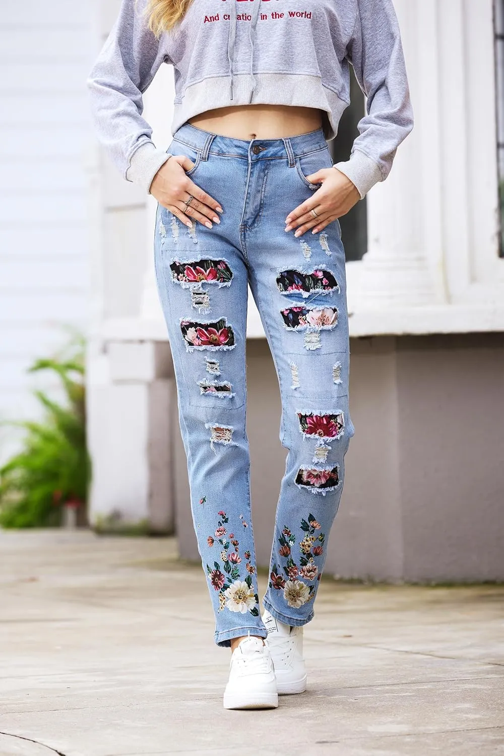Womens Boyfriend Plaid Patch Ripped Denim Jeans with Hole Stretchy Skinny Flowers Denim Pants