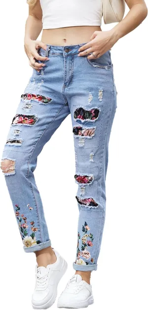 Womens Boyfriend Plaid Patch Ripped Denim Jeans with Hole Stretchy Skinny Flowers Denim Pants
