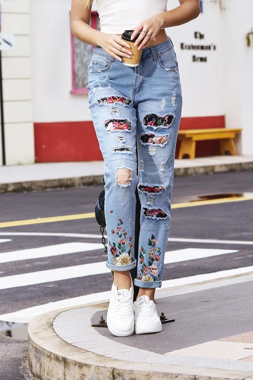 Womens Boyfriend Plaid Patch Ripped Denim Jeans with Hole Stretchy Skinny Flowers Denim Pants