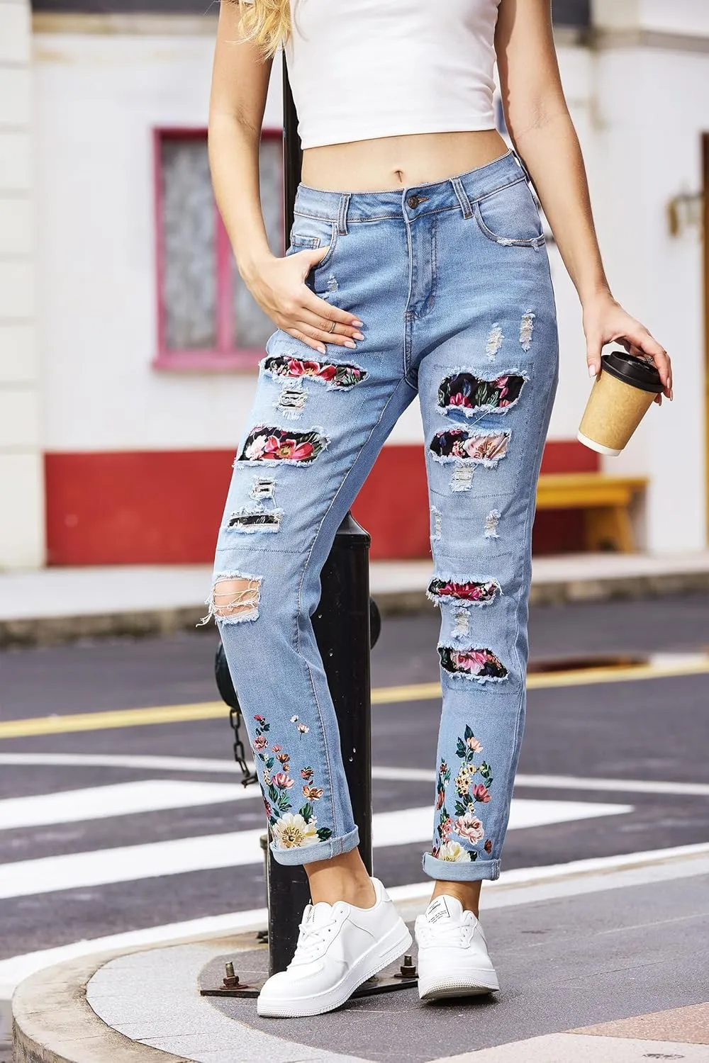 Womens Boyfriend Plaid Patch Ripped Denim Jeans with Hole Stretchy Skinny Flowers Denim Pants