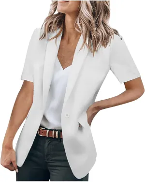 Women's Business Short Sleeve Blazer Jacket Casual Solid Open Front Tops Lapel Button Work Office Blazer Coat