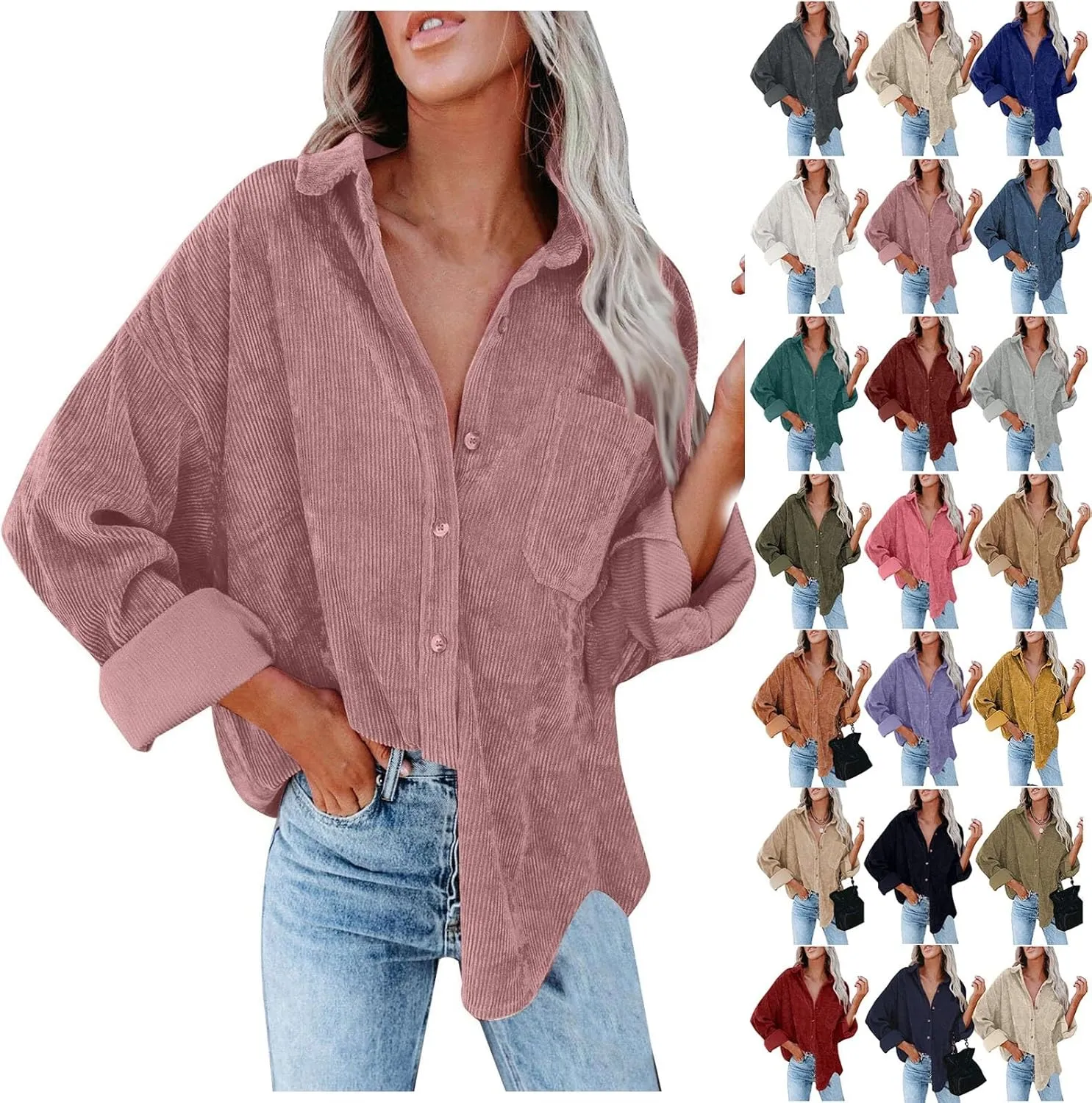 Womens Button Down Shirt Casual Loose Corduroy Jacket Long Sleeve Blouse Oversized Boyfriend Shacket with Pockets