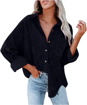 Womens Button Down Shirt Casual Loose Corduroy Jacket Long Sleeve Blouse Oversized Boyfriend Shacket with Pockets