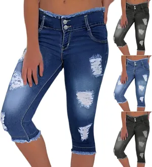 Womens Capris Jeans Low Rise Skinny Ripped Jeans Curvy Slim Fit Butt Lifting Distressed Cropped Denim Pants w/Pockets