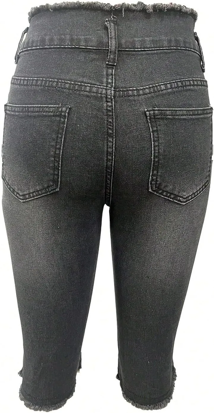 Womens Capris Jeans Low Rise Skinny Ripped Jeans Curvy Slim Fit Butt Lifting Distressed Cropped Denim Pants w/Pockets