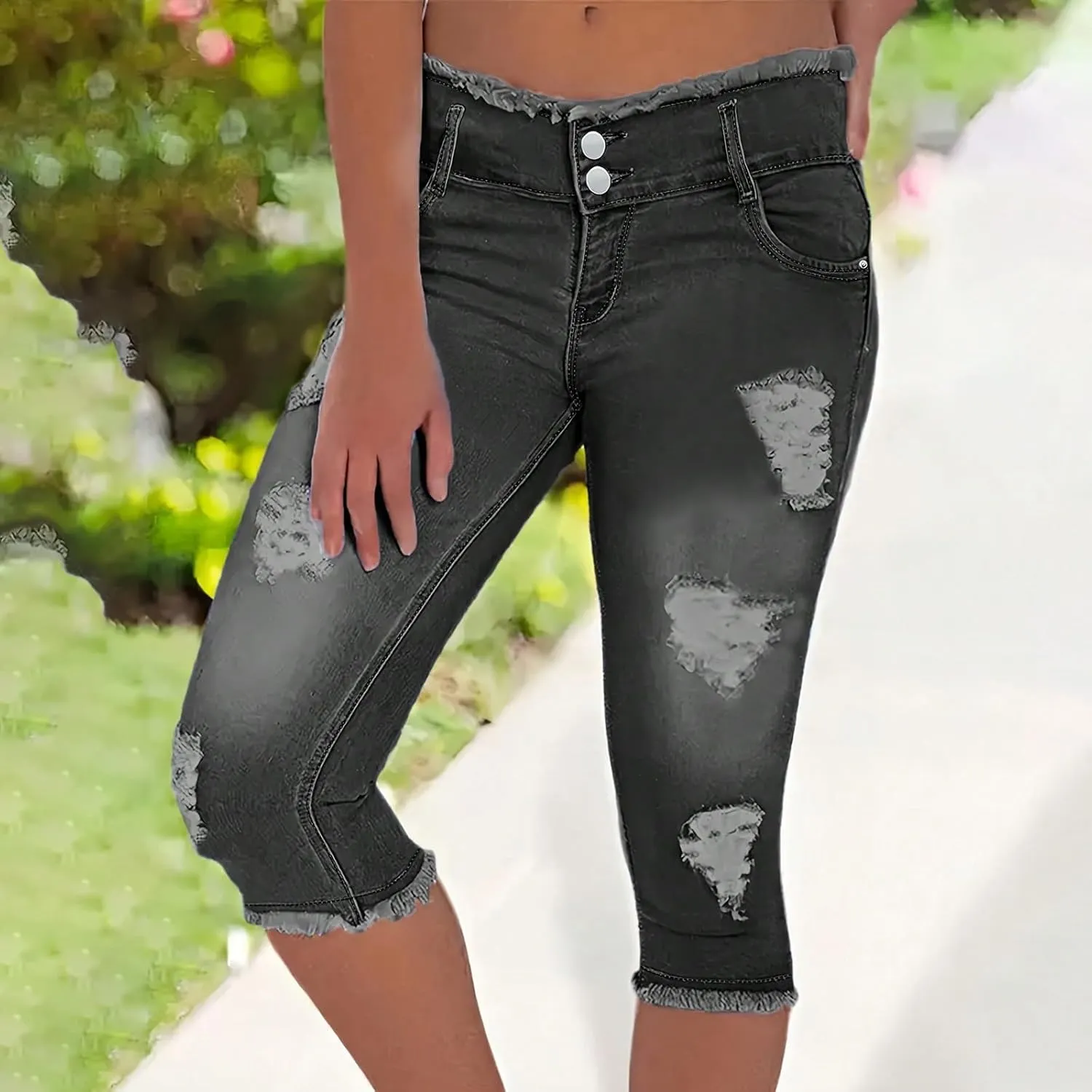 Womens Capris Jeans Low Rise Skinny Ripped Jeans Curvy Slim Fit Butt Lifting Distressed Cropped Denim Pants w/Pockets