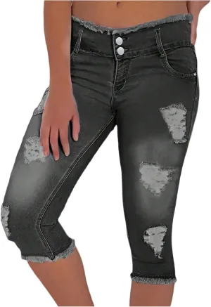 Womens Capris Jeans Low Rise Skinny Ripped Jeans Curvy Slim Fit Butt Lifting Distressed Cropped Denim Pants w/Pockets