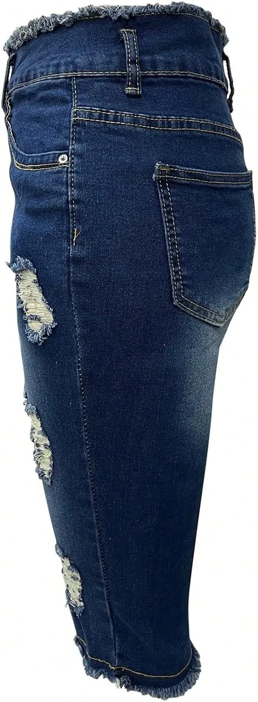 Womens Capris Jeans Low Rise Skinny Ripped Jeans Curvy Slim Fit Butt Lifting Distressed Cropped Denim Pants w/Pockets