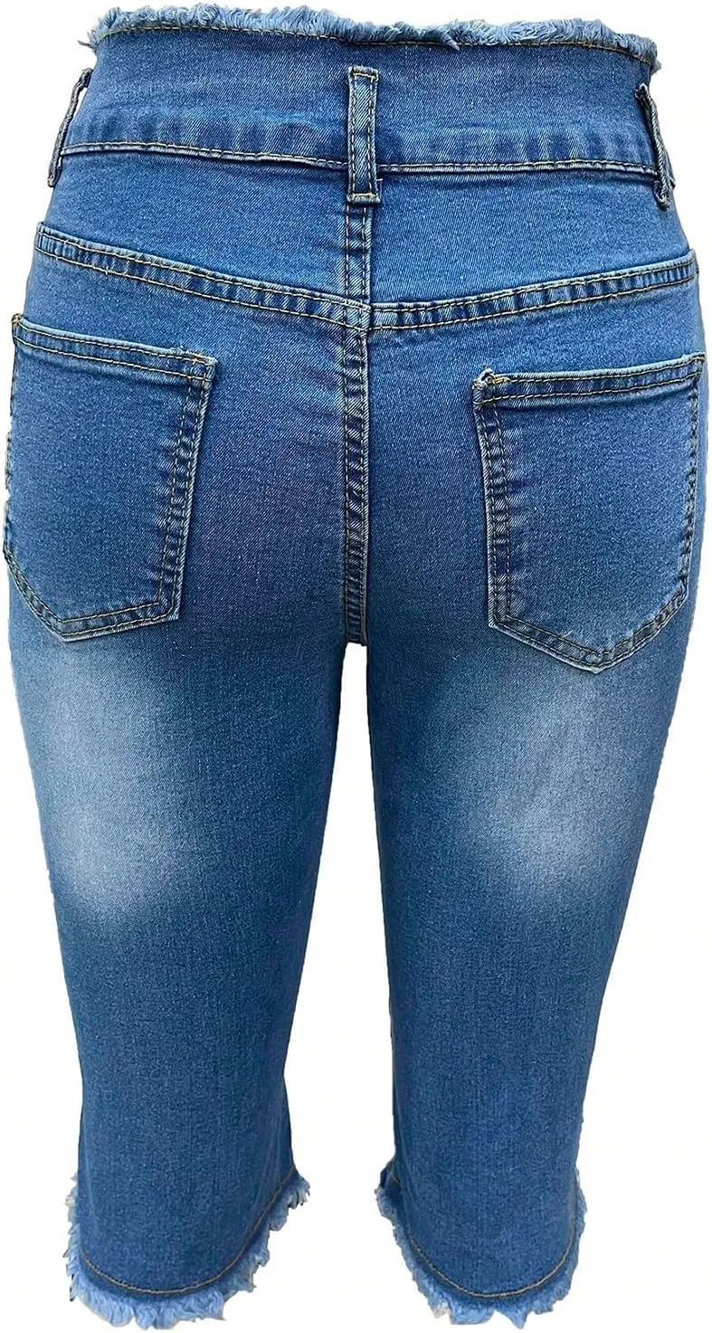 Womens Capris Jeans Low Rise Skinny Ripped Jeans Curvy Slim Fit Butt Lifting Distressed Cropped Denim Pants w/Pockets