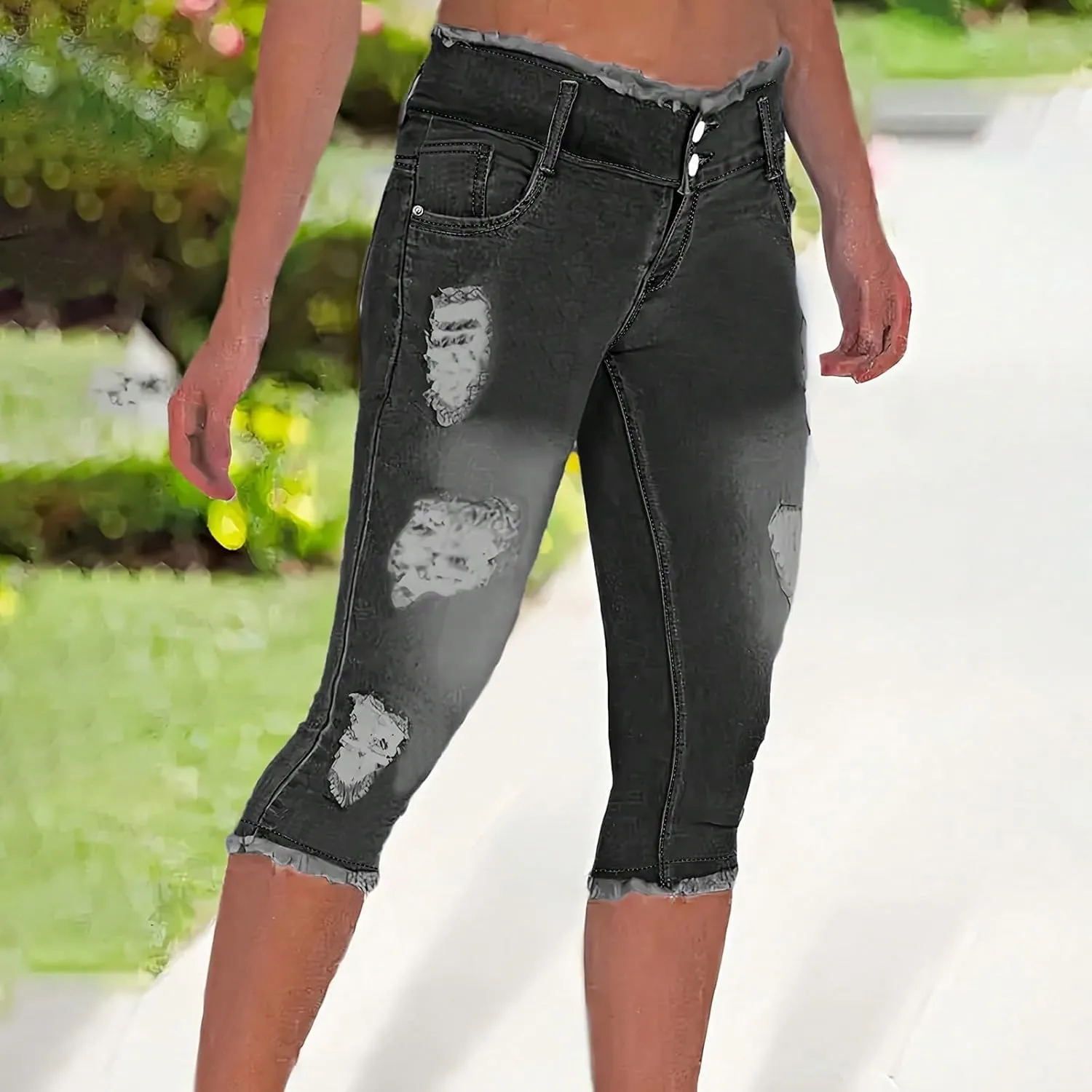 Womens Capris Jeans Low Rise Skinny Ripped Jeans Curvy Slim Fit Butt Lifting Distressed Cropped Denim Pants w/Pockets