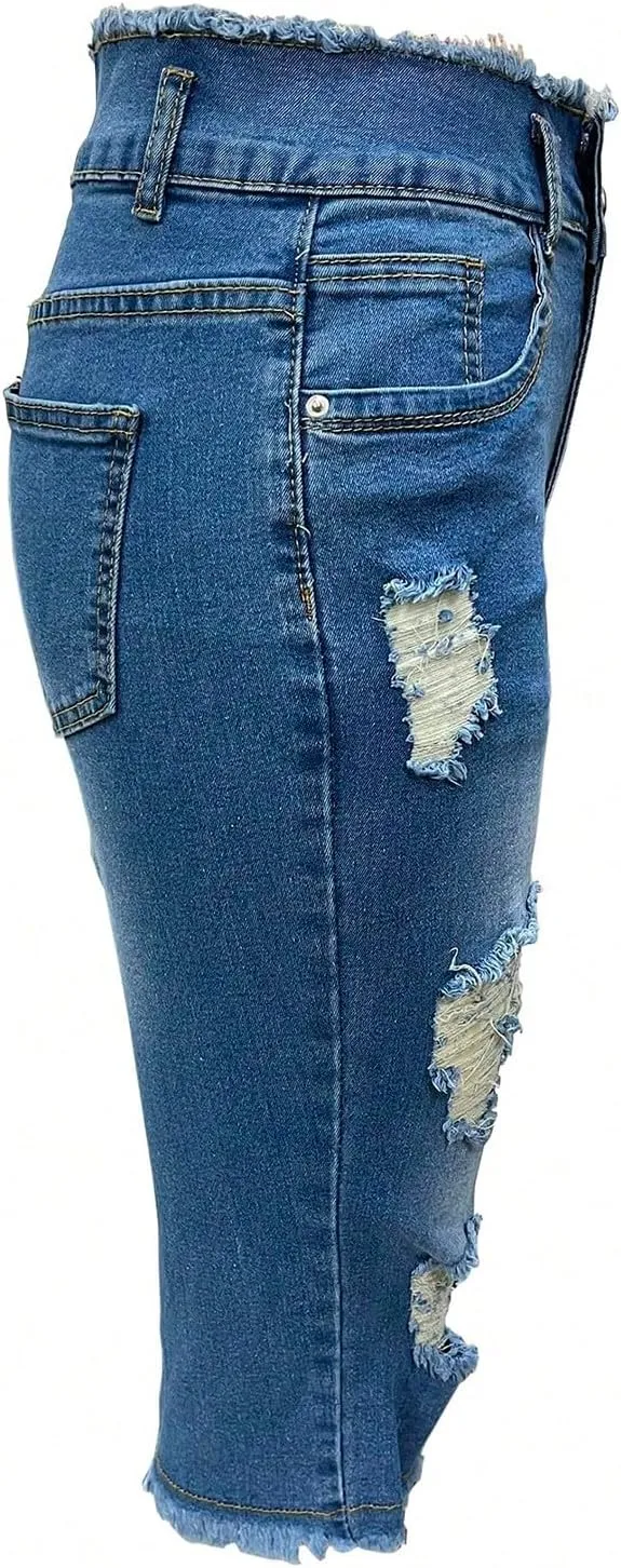 Womens Capris Jeans Low Rise Skinny Ripped Jeans Curvy Slim Fit Butt Lifting Distressed Cropped Denim Pants w/Pockets