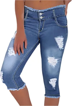 Womens Capris Jeans Low Rise Skinny Ripped Jeans Curvy Slim Fit Butt Lifting Distressed Cropped Denim Pants w/Pockets