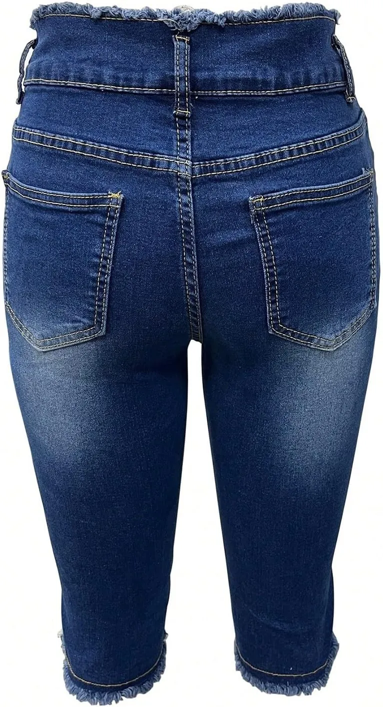 Womens Capris Jeans Low Rise Skinny Ripped Jeans Curvy Slim Fit Butt Lifting Distressed Cropped Denim Pants w/Pockets