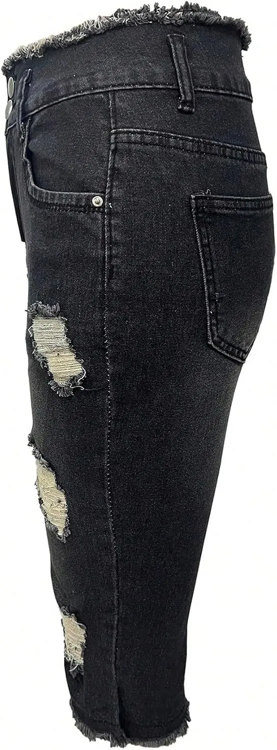 Womens Capris Jeans Low Rise Skinny Ripped Jeans Curvy Slim Fit Butt Lifting Distressed Cropped Denim Pants w/Pockets