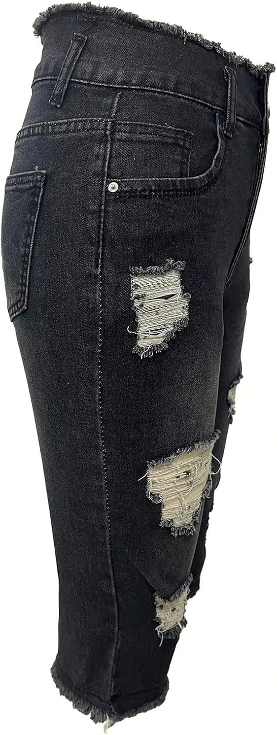 Womens Capris Jeans Low Rise Skinny Ripped Jeans Curvy Slim Fit Butt Lifting Distressed Cropped Denim Pants w/Pockets