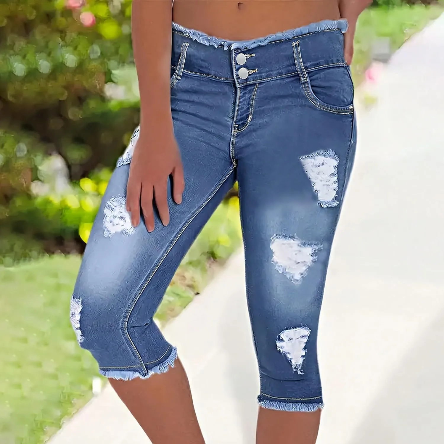Womens Capris Jeans Low Rise Skinny Ripped Jeans Curvy Slim Fit Butt Lifting Distressed Cropped Denim Pants w/Pockets