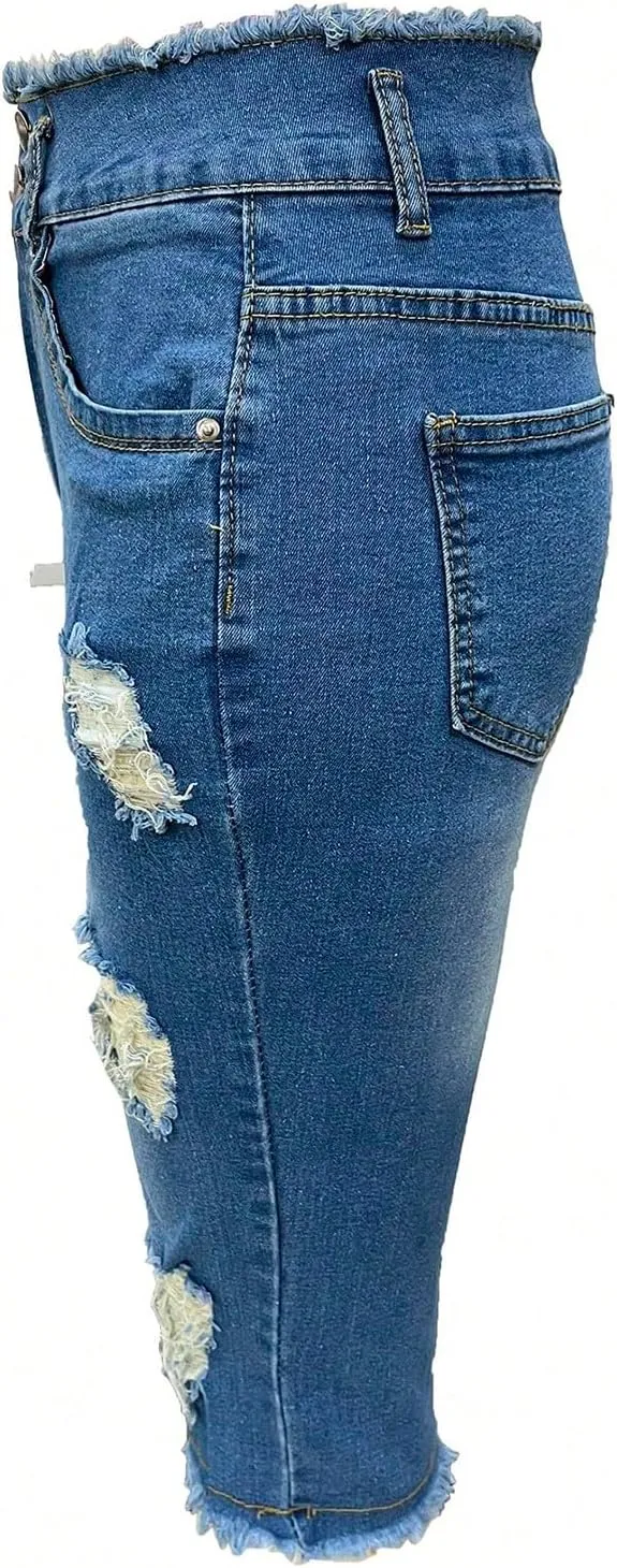 Womens Capris Jeans Low Rise Skinny Ripped Jeans Curvy Slim Fit Butt Lifting Distressed Cropped Denim Pants w/Pockets