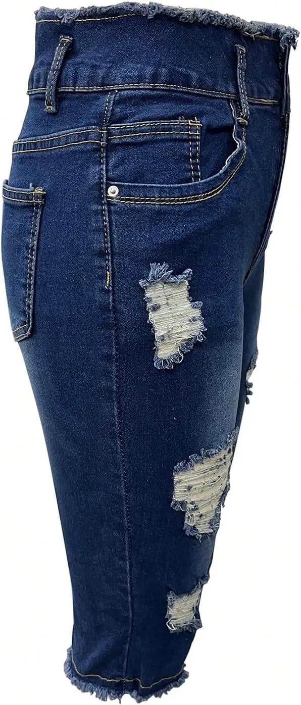 Womens Capris Jeans Low Rise Skinny Ripped Jeans Curvy Slim Fit Butt Lifting Distressed Cropped Denim Pants w/Pockets