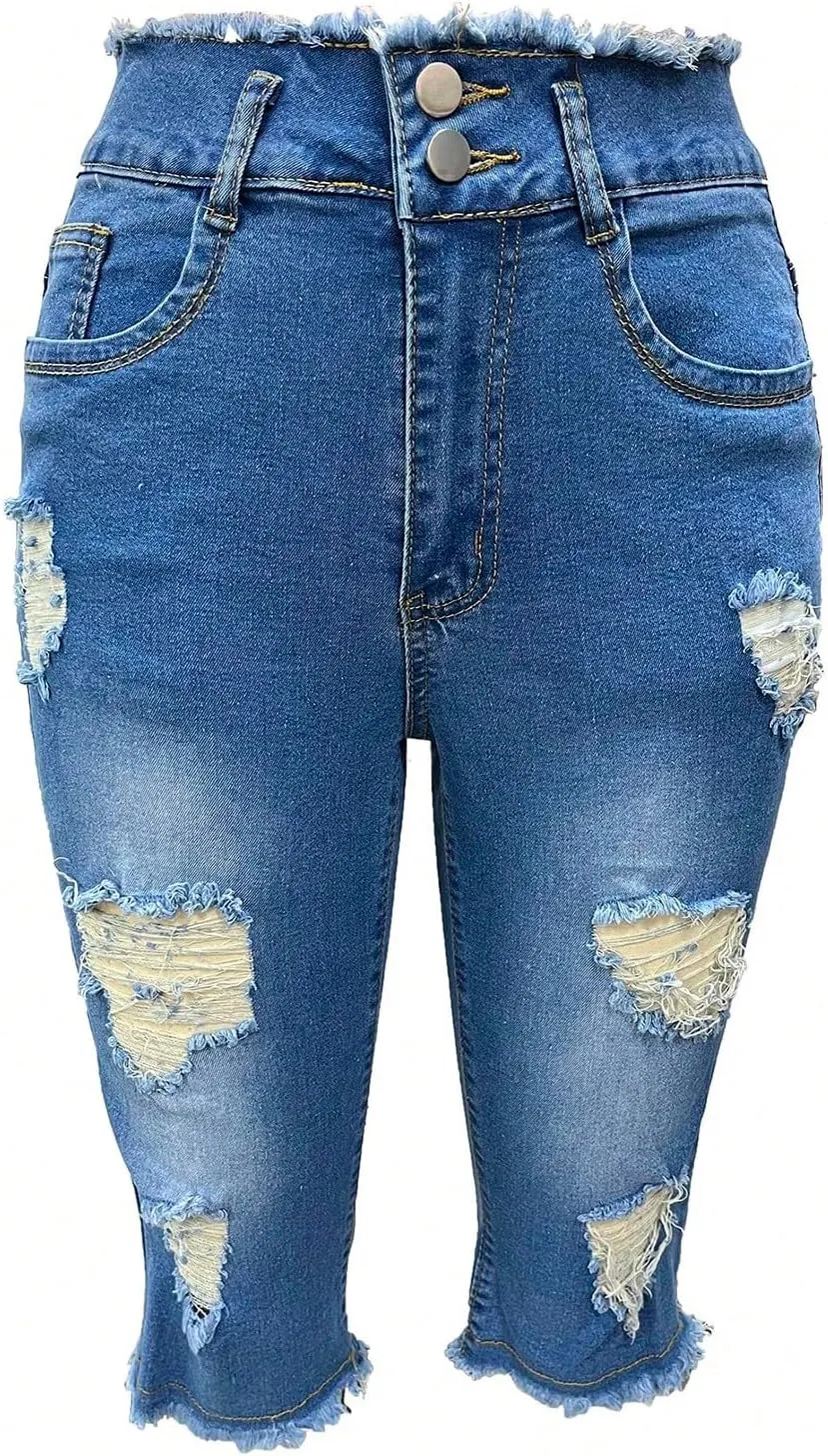 Womens Capris Jeans Low Rise Skinny Ripped Jeans Curvy Slim Fit Butt Lifting Distressed Cropped Denim Pants w/Pockets