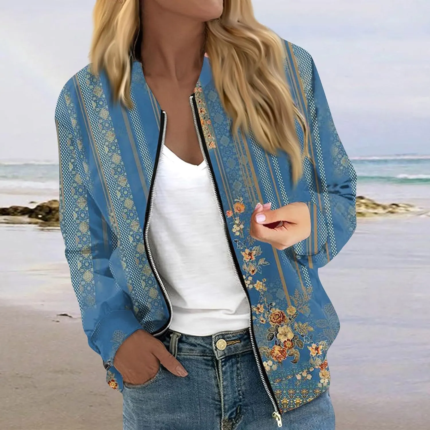 Women's Casual Bomber Jacket Lightweight Windbreaker Jackets Long Sleeve Windproof Spring Fall Jackets with Pockets