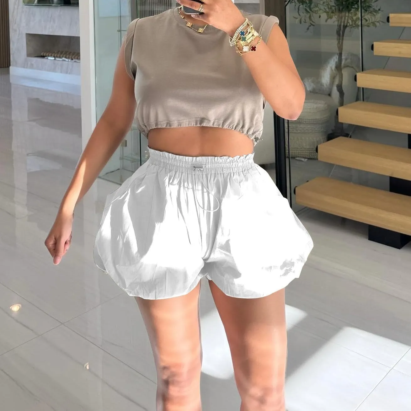 Women's Casual Bubble Shorts Elastic High Waist Workout Puffy Shorts