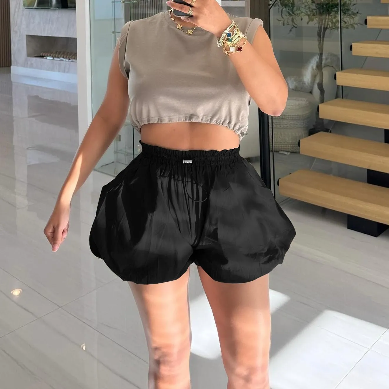 Women's Casual Bubble Shorts Elastic High Waist Workout Puffy Shorts
