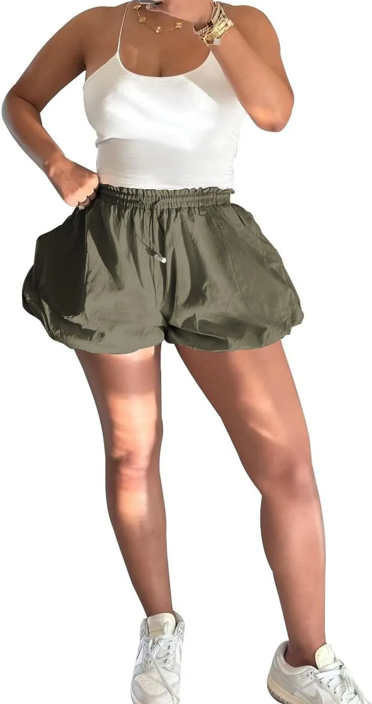 Women's Casual Bubble Shorts Elastic High Waist Workout Puffy Shorts