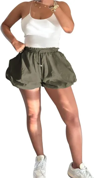 Women's Casual Bubble Shorts Elastic High Waist Workout Puffy Shorts