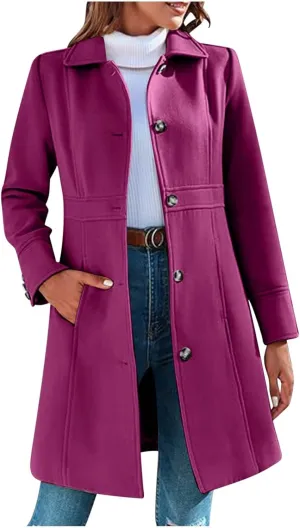 Womens Casual Elegant Peacoat Single Breasted Lapel Wool Blend Coat Long Sleeve Mid Length Overcoat With Pockets