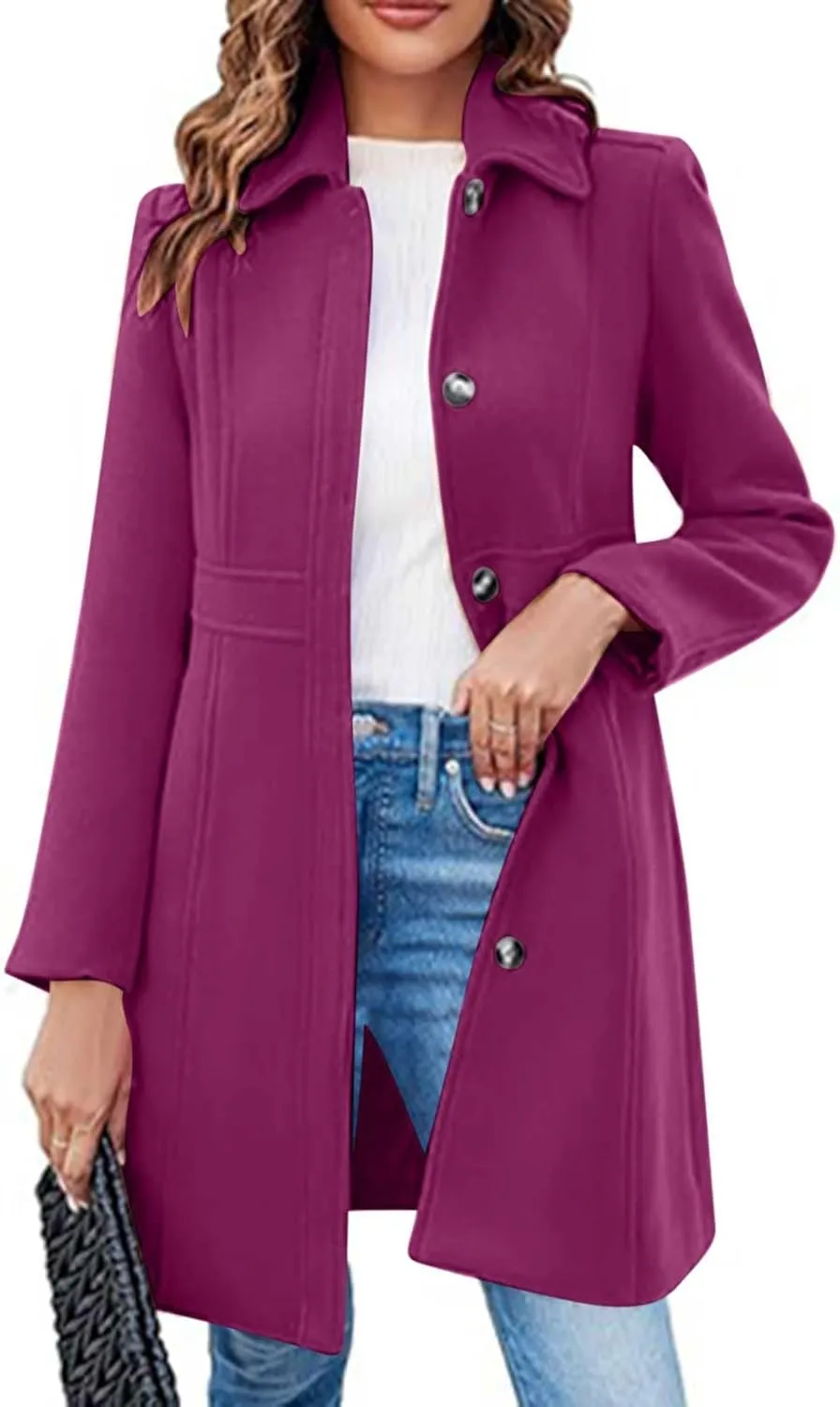 Womens Casual Elegant Peacoat Single Breasted Lapel Wool Blend Coat Long Sleeve Mid Length Overcoat With Pockets