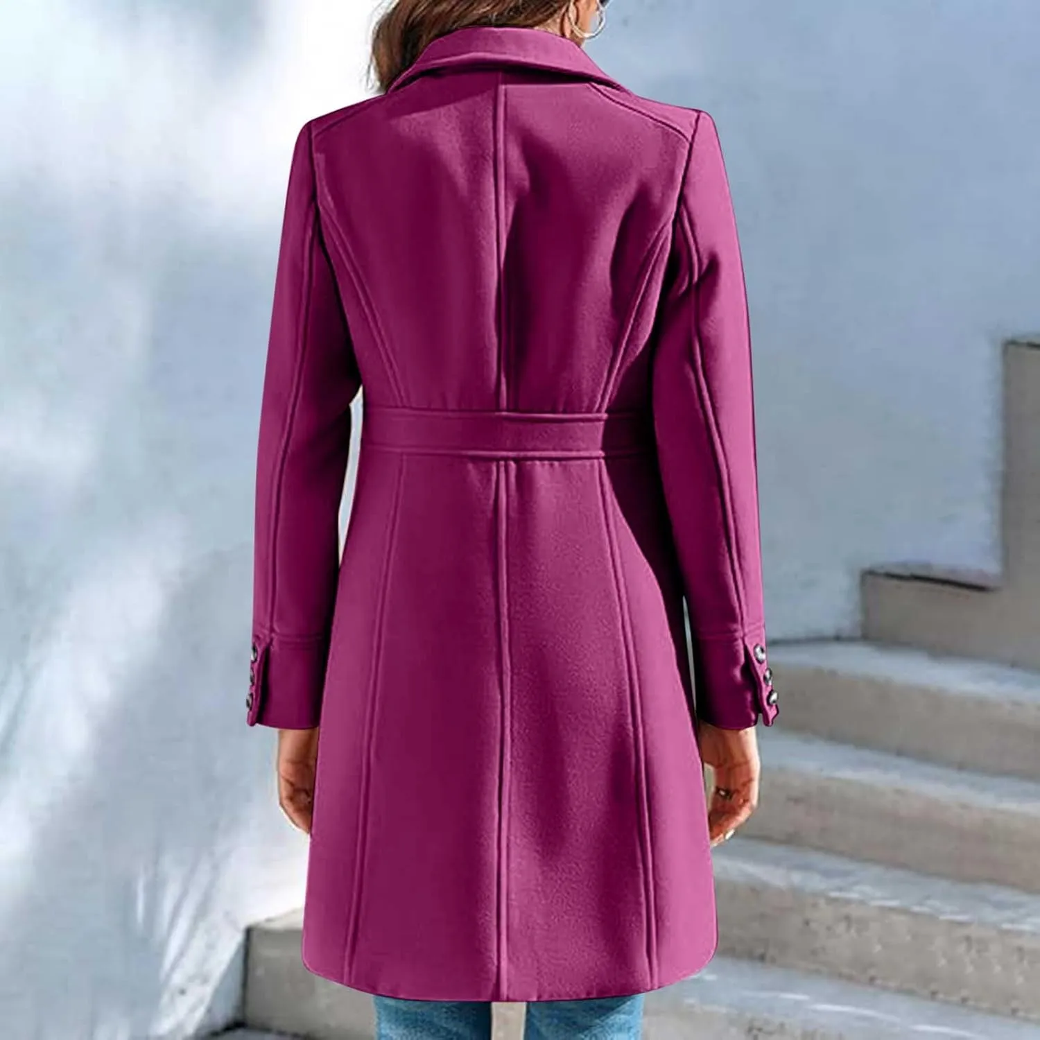 Womens Casual Elegant Peacoat Single Breasted Lapel Wool Blend Coat Long Sleeve Mid Length Overcoat With Pockets