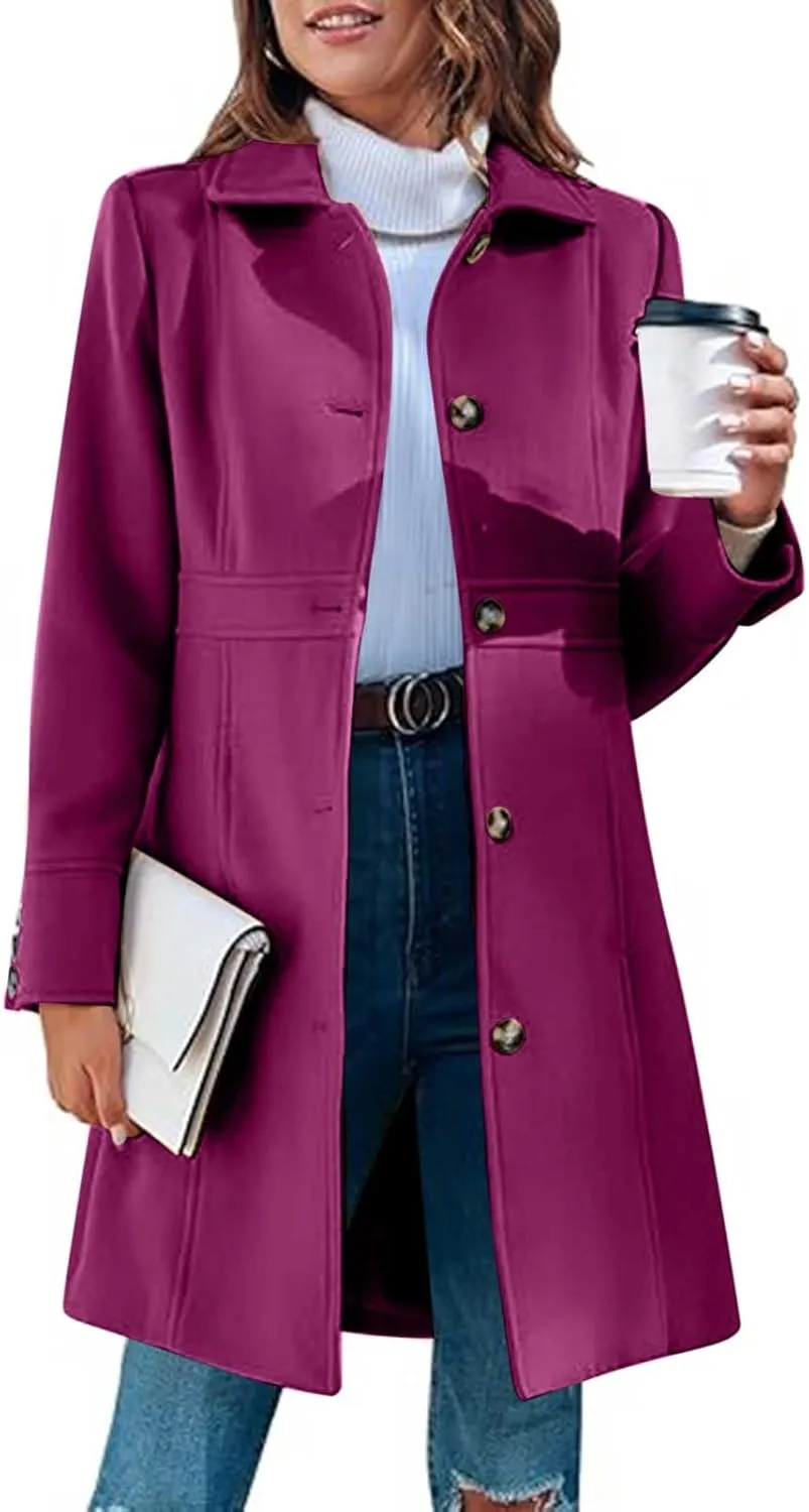 Womens Casual Elegant Peacoat Single Breasted Lapel Wool Blend Coat Long Sleeve Mid Length Overcoat With Pockets
