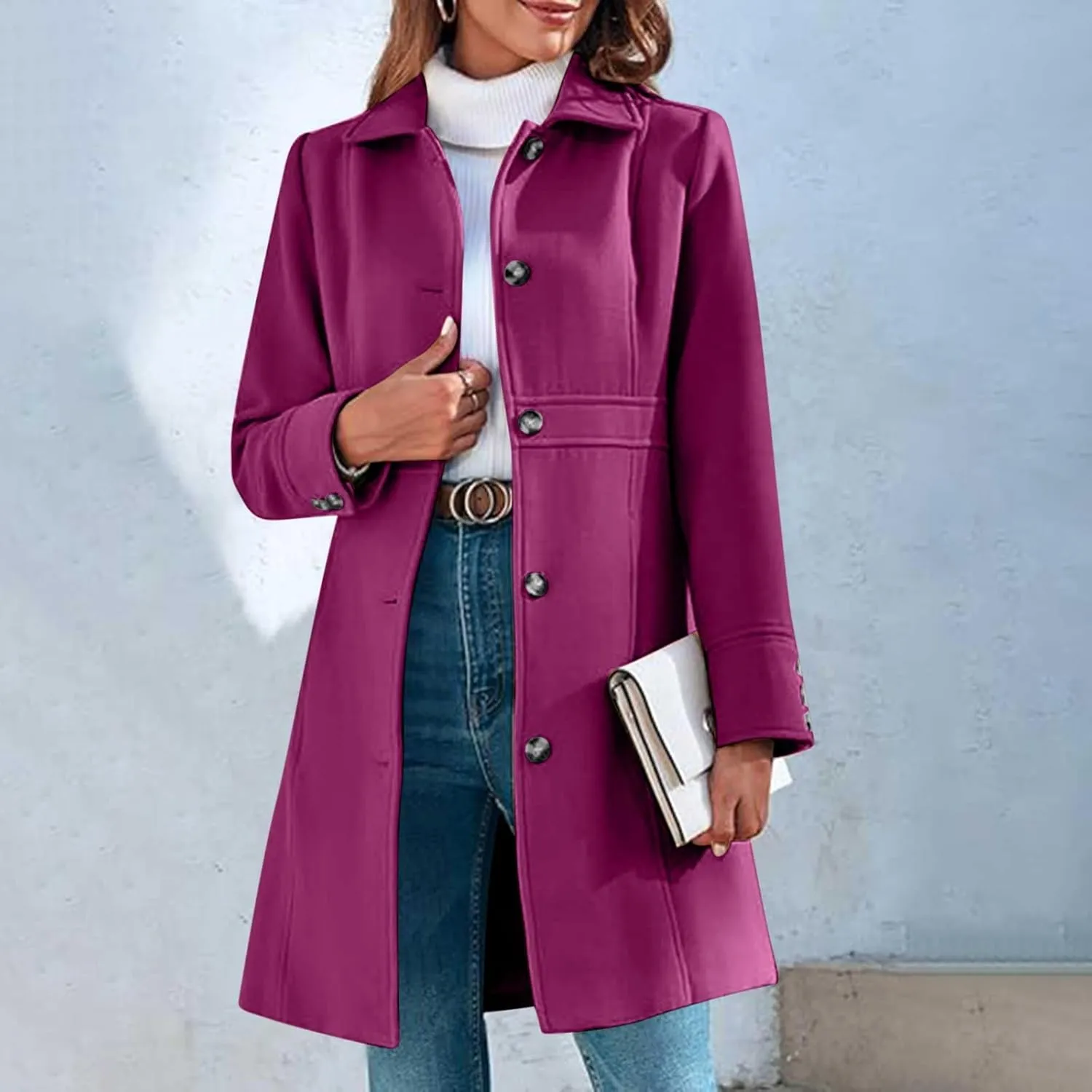 Womens Casual Elegant Peacoat Single Breasted Lapel Wool Blend Coat Long Sleeve Mid Length Overcoat With Pockets
