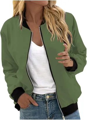 Women's Casual Floral Zip Up Bomber Jacket Long Sleeve Coat Stand Collar Lightweight Short Outwear Tops