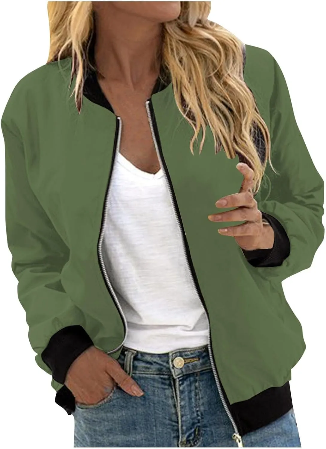 Women's Casual Floral Zip Up Bomber Jacket Long Sleeve Coat Stand Collar Lightweight Short Outwear Tops