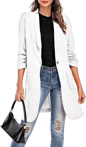 Women's Casual Long Blazers Ruched 3/4 Sleeve Lapel Oversized Suit Jacket Elegant Work Office Blazer Jackets