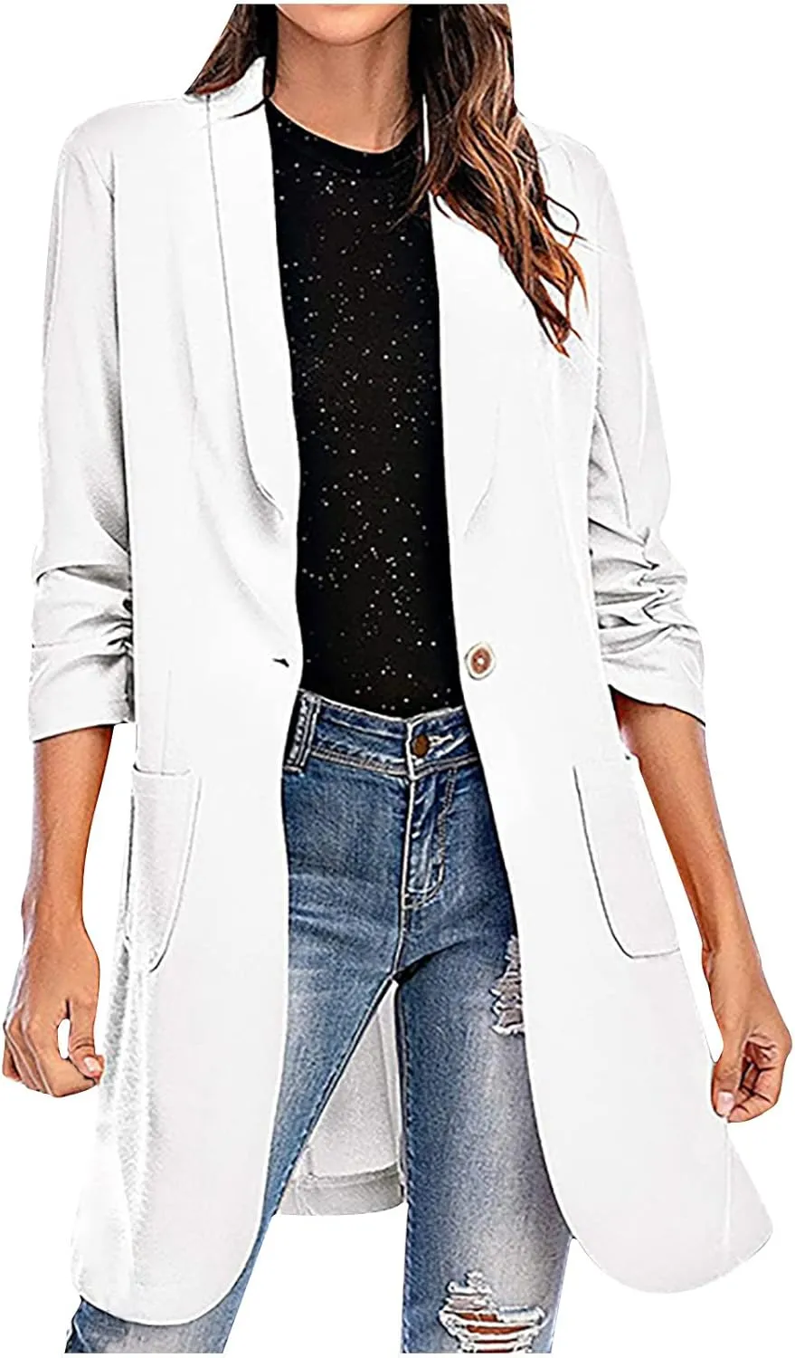 Women's Casual Long Blazers Ruched 3/4 Sleeve Lapel Oversized Suit Jacket Elegant Work Office Blazer Jackets